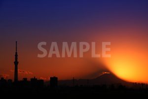 スカイツリーと富士山と日没の写真・フォト